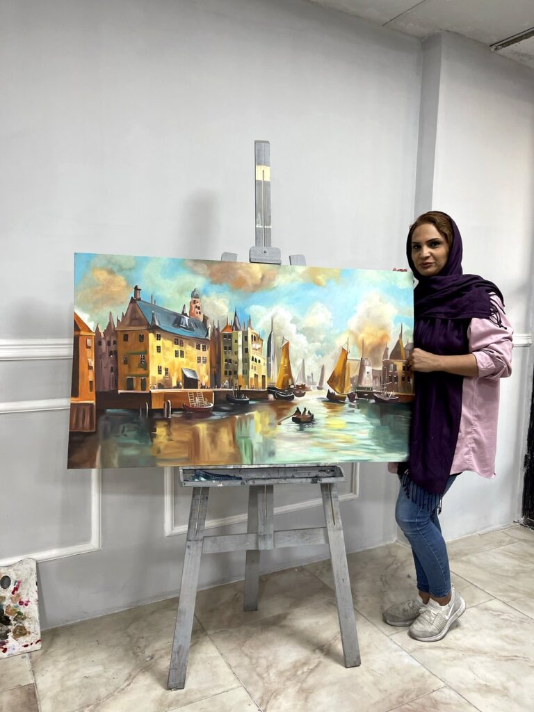 طرح زیبای رنگ روغن اثر هنرجوی کافه هنر-انتزاعی قرمز و آبی