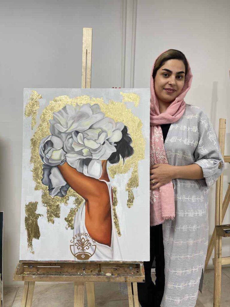 تابلوی مدرن طرح گل و دختر اثر هنرجوی کافه هنز