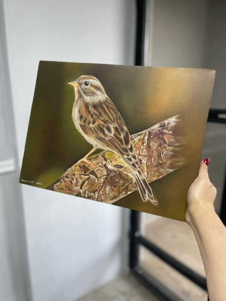 تکنیک رنگ و روغن تابلوی طرح گنجشک